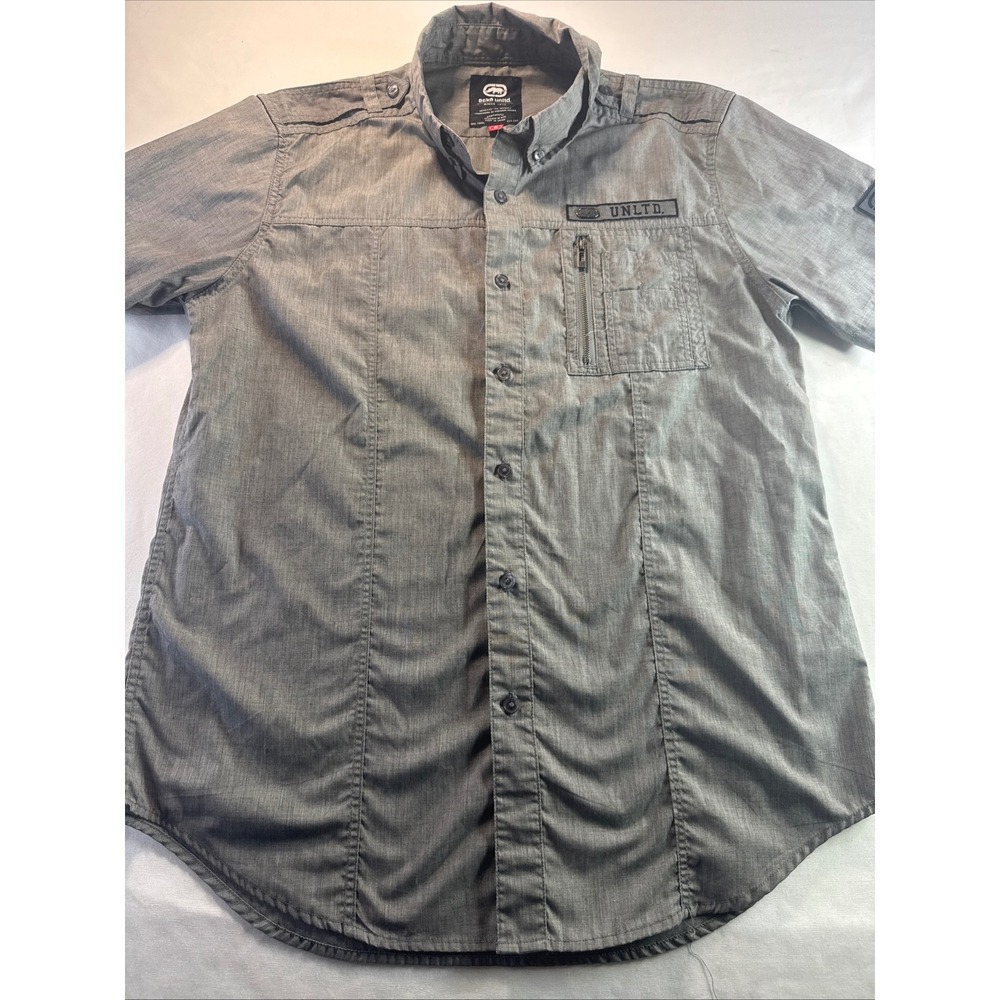 Ecko Unltd Shirt Mens Medium Gray Short Sleeve Button Up Tactical Epaulettes Top
